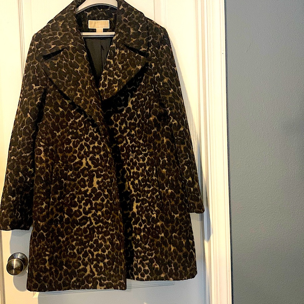 Michael Kors collared wool blend leopard print overcoat black & brown size L